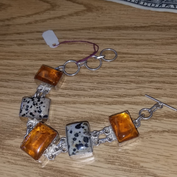 New Sterling silver Dalmation jasper and repressed  amber bracelet - Picture 6 of 7